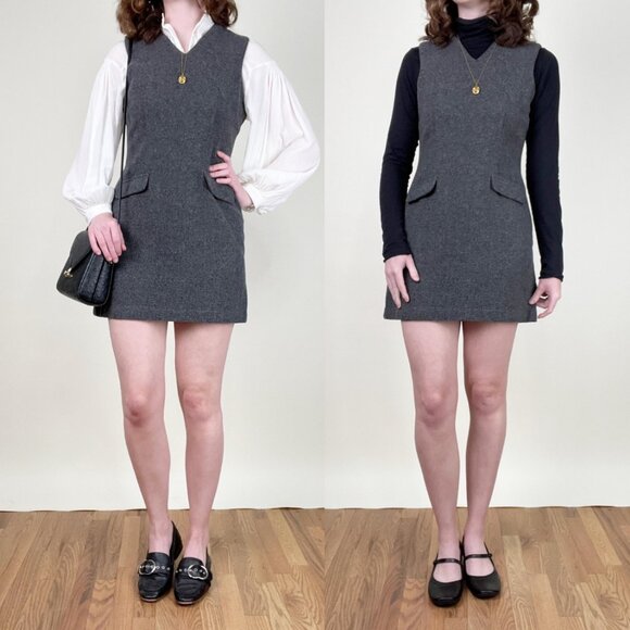 Vintage Wool Pinafore Mini Dress Preppy Dark Light Academia Fall Winter 90s Y2K - Picture 1 of 10